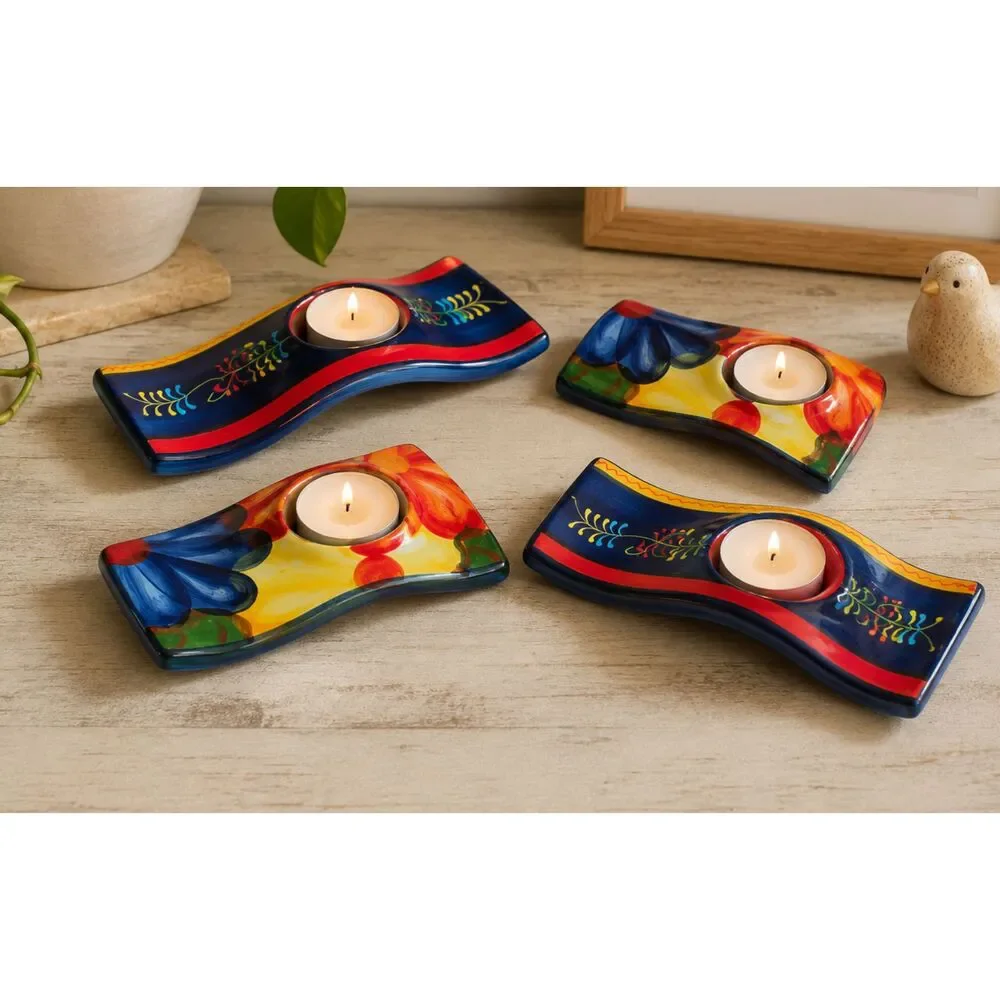 Whimsical Hand Painted Ceramic Candle Holders Floral Folk Art Colorful Decor 4